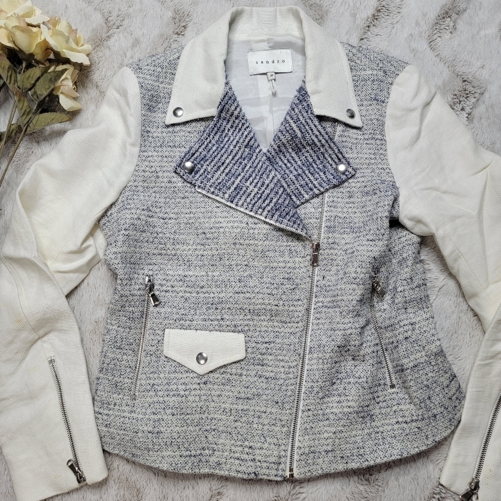 Sandro Paris‎ Vernis Tweed Moto Jacket Blue White Gray Size 38 - Picture 3 of 14